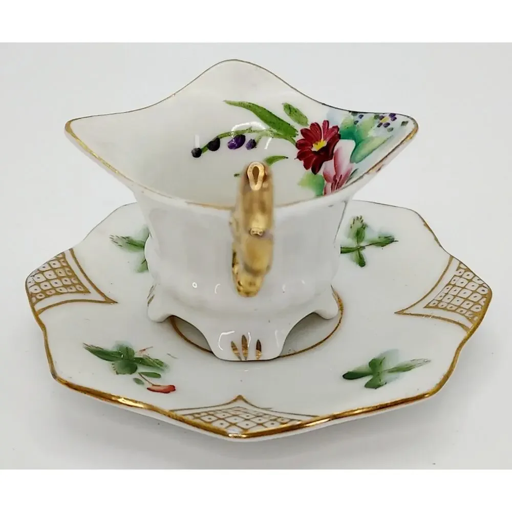 VTG Japanese Miniature Demitasse Footed Teacup And Saucer Floral Gold Tone Trim
